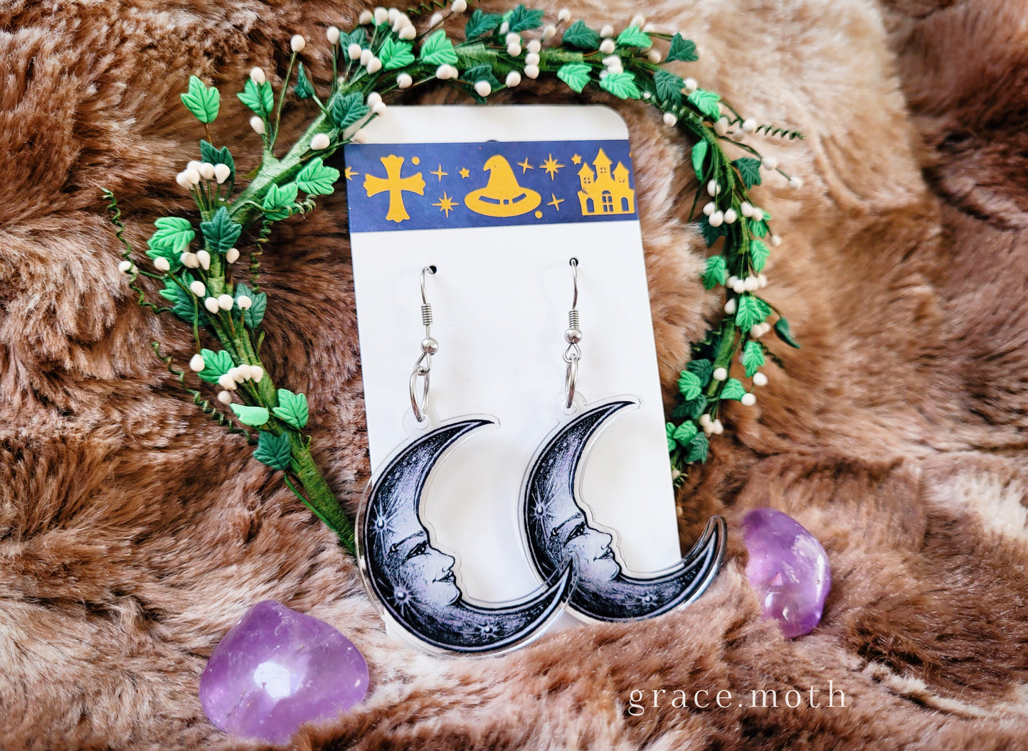 Crescent Moon Goddess illustrated earrings, recycled acrylic double sided, 304 Stainless Steel hooks, by Grace Moth