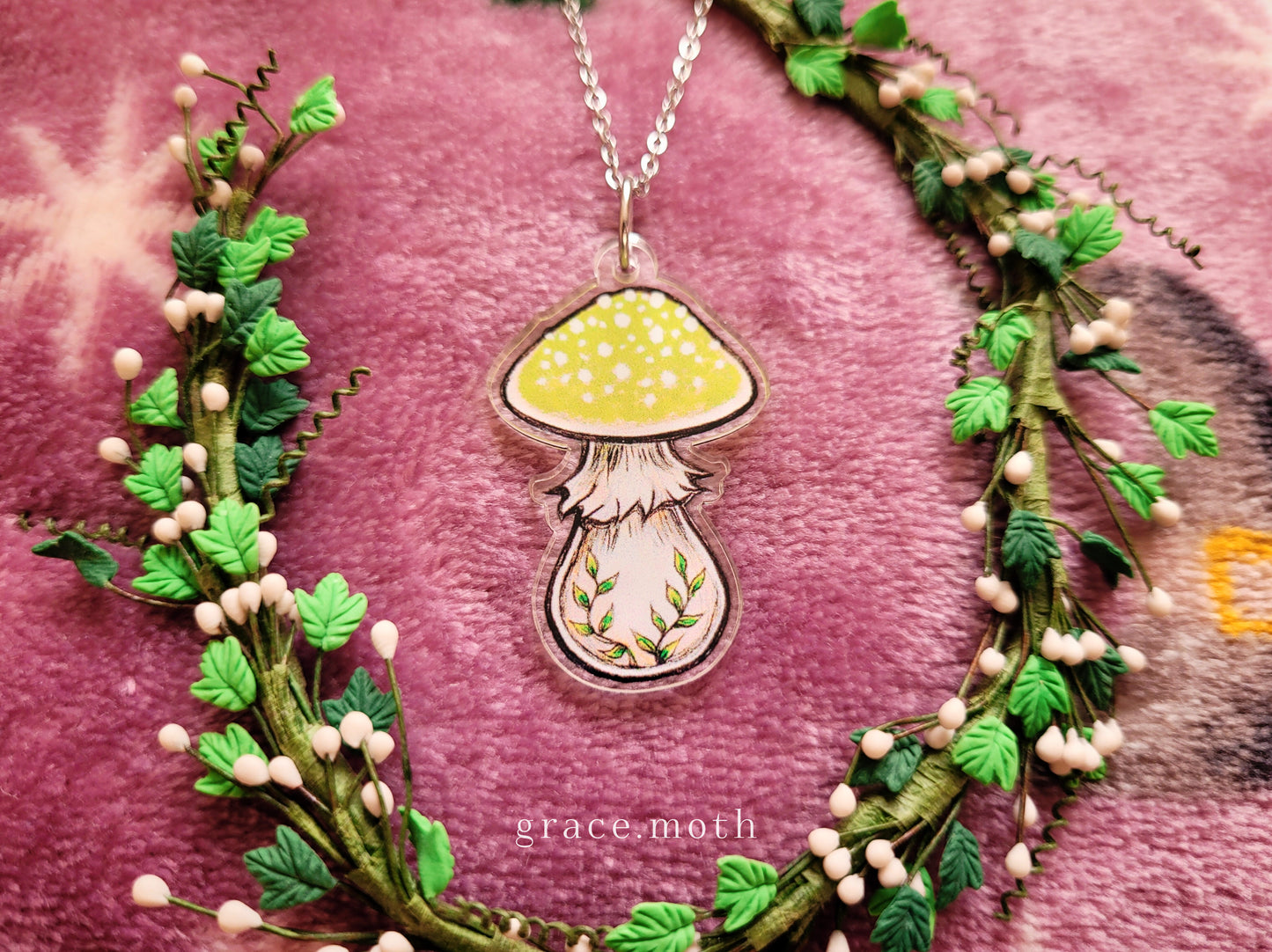 Green Toadstool illustrated necklace, recycled acrylic, chain options available, by Grace Moth