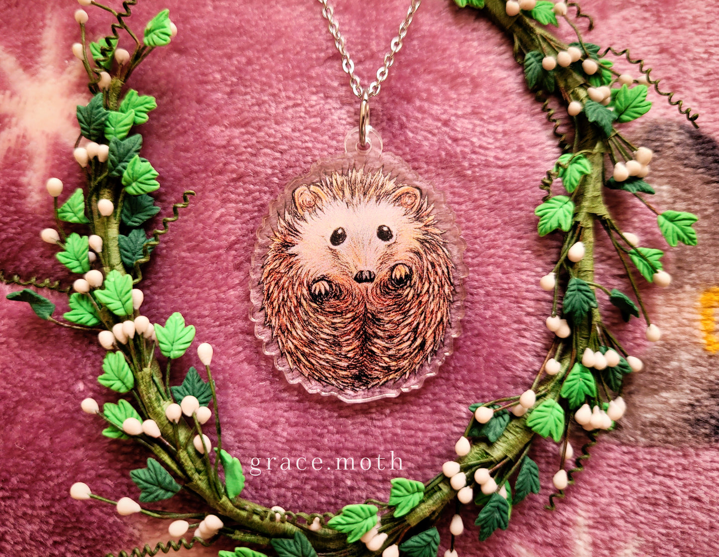 Cute Hedgehog illustrated necklace, recycled acrylic, chain options available, by Grace Moth