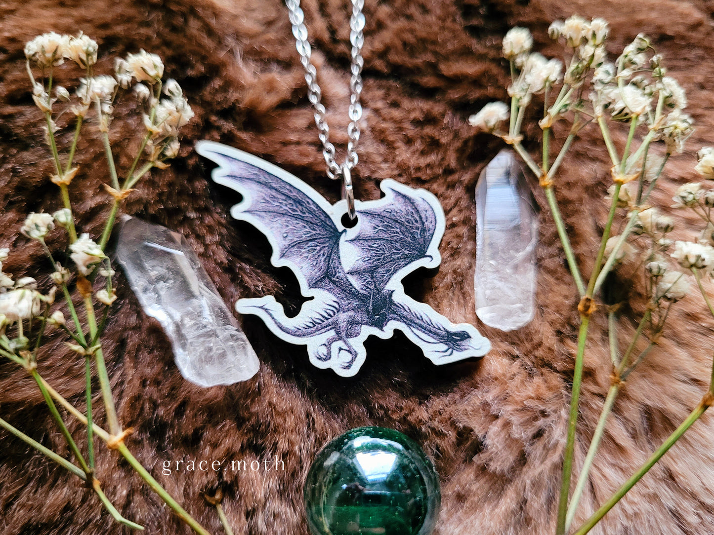 Fellbeast Dragon illustrated necklace, responsibly sourced cherry wood, LOTR Nazgul inspired, chain options available, by Grace Moth