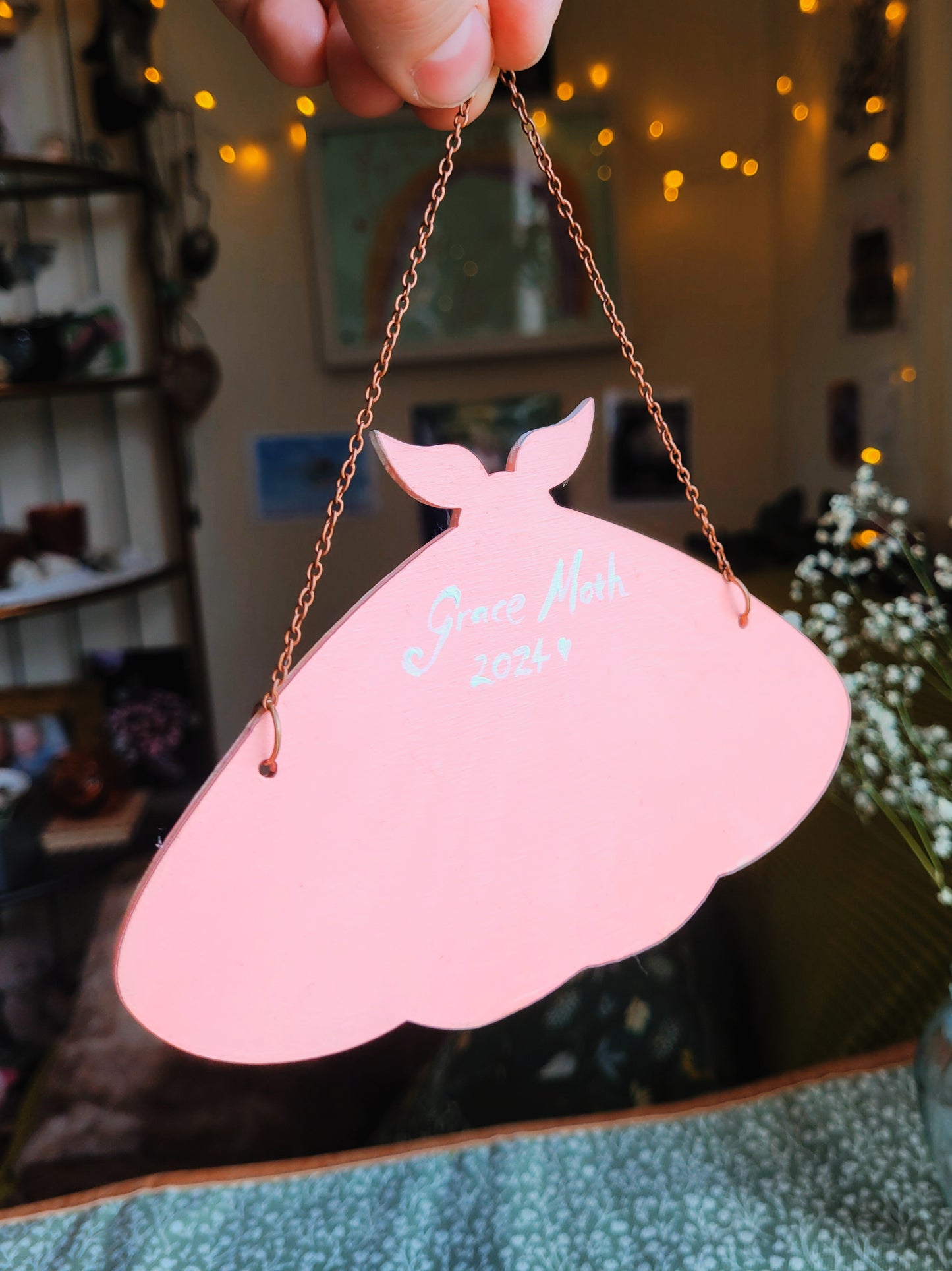 Magical Spring Moth - Pink and White Blossom - One of a kind handmade hand painted wall hanging/ornament, by Grace Moth