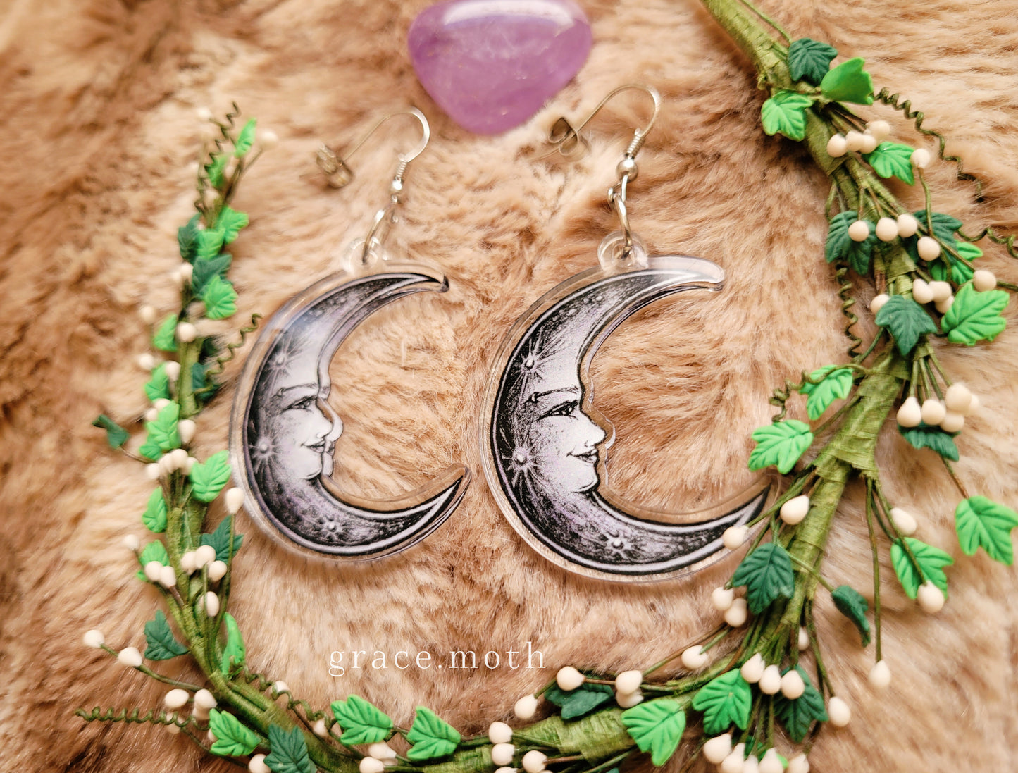 Crescent Moon Goddess illustrated earrings, recycled acrylic double sided, 304 Stainless Steel hooks, by Grace Moth