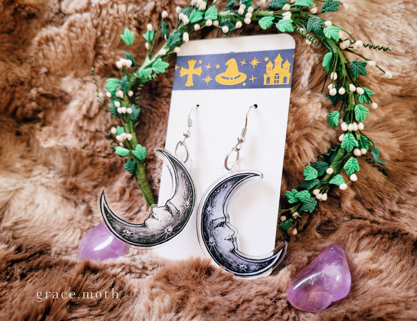 Crescent Moon Goddess illustrated earrings, recycled acrylic double sided, 304 Stainless Steel hooks, by Grace Moth