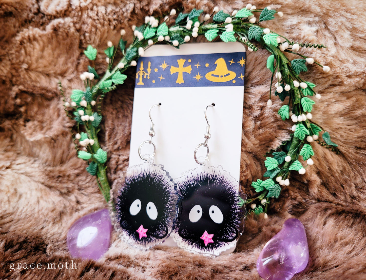 Soot Sprite illustrated earrings, recycled acrylic double sided, anime inspired, 304 Stainless Steel hooks, by Grace Moth