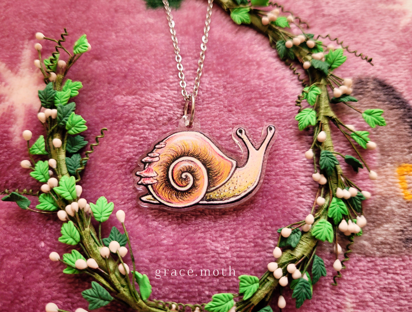 Cute Snail illustrated necklace, recycled acrylic, chain options available, by Grace Moth