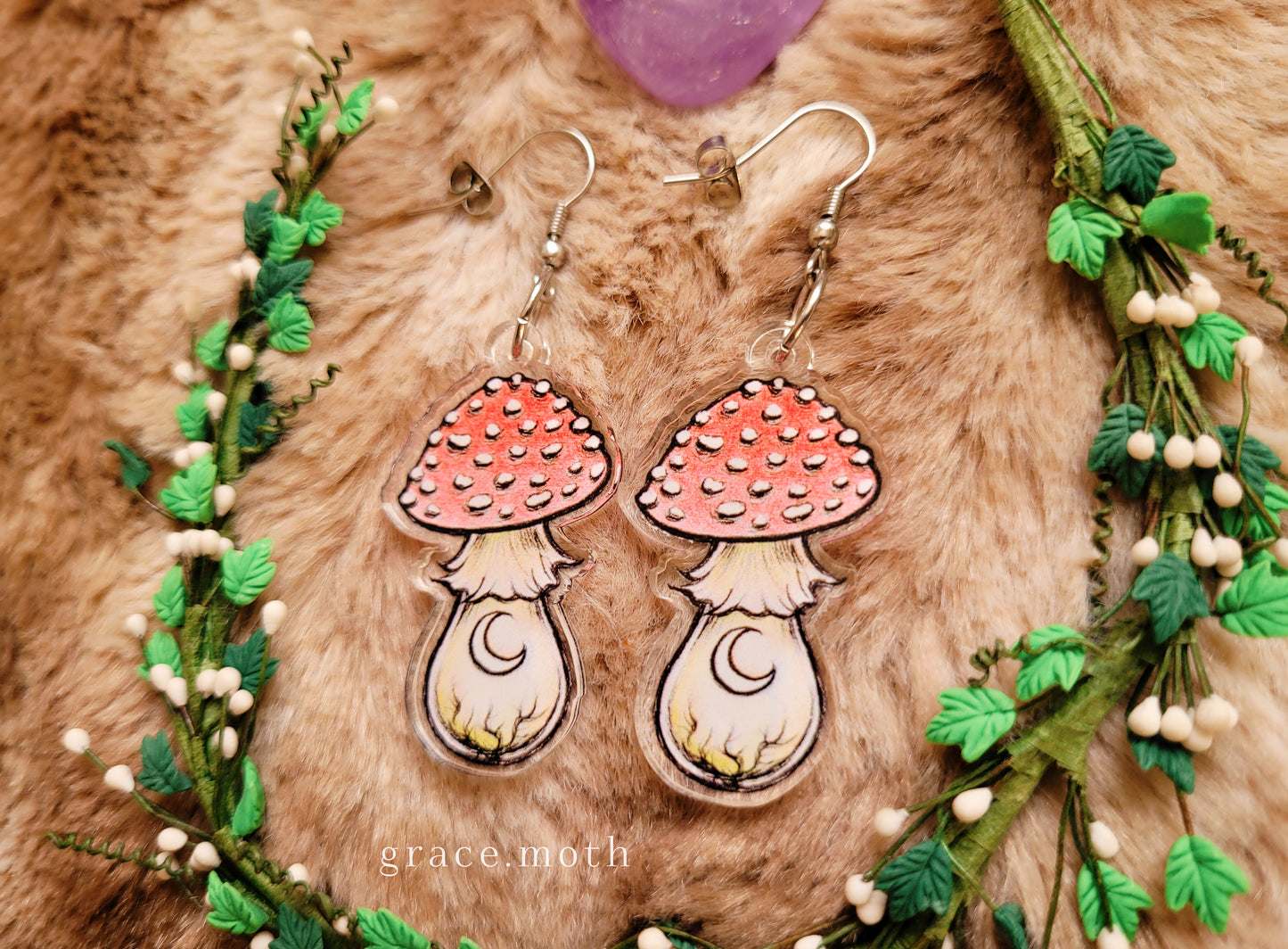 Red Toadstool illustrated earrings, recycled acrylic double sided, 304 Stainless Steel hooks, by Grace Moth