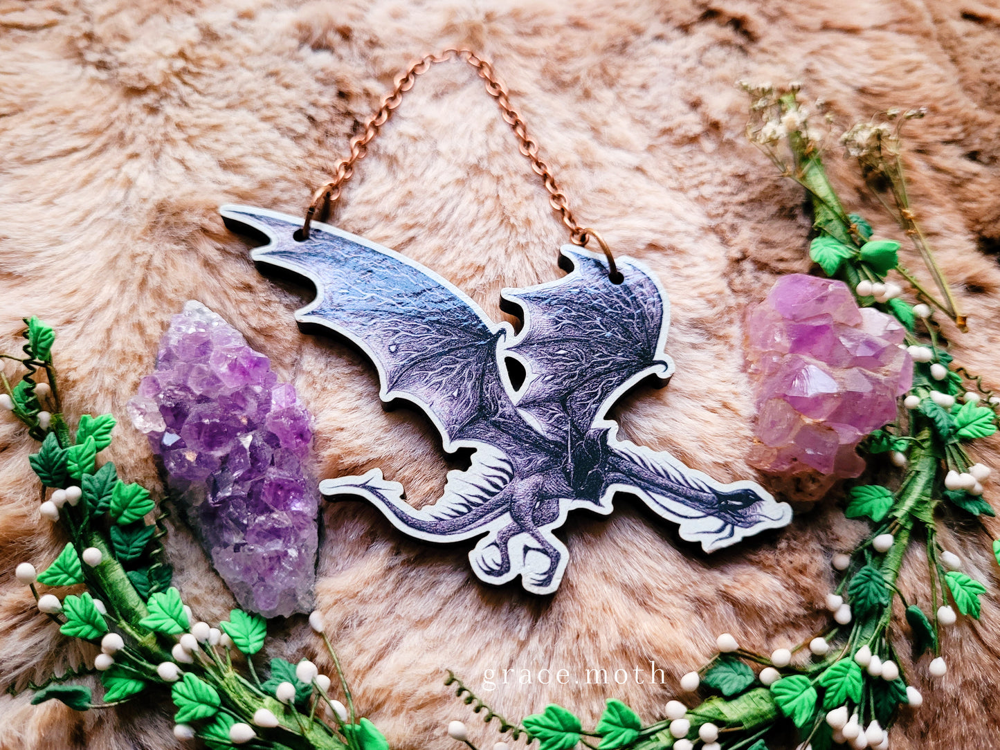 Fellbeast Dragon illustrated ornament, wall hanging, LOTR Nazgul inspired, responsibly sourced cherry wood, by Grace Moth