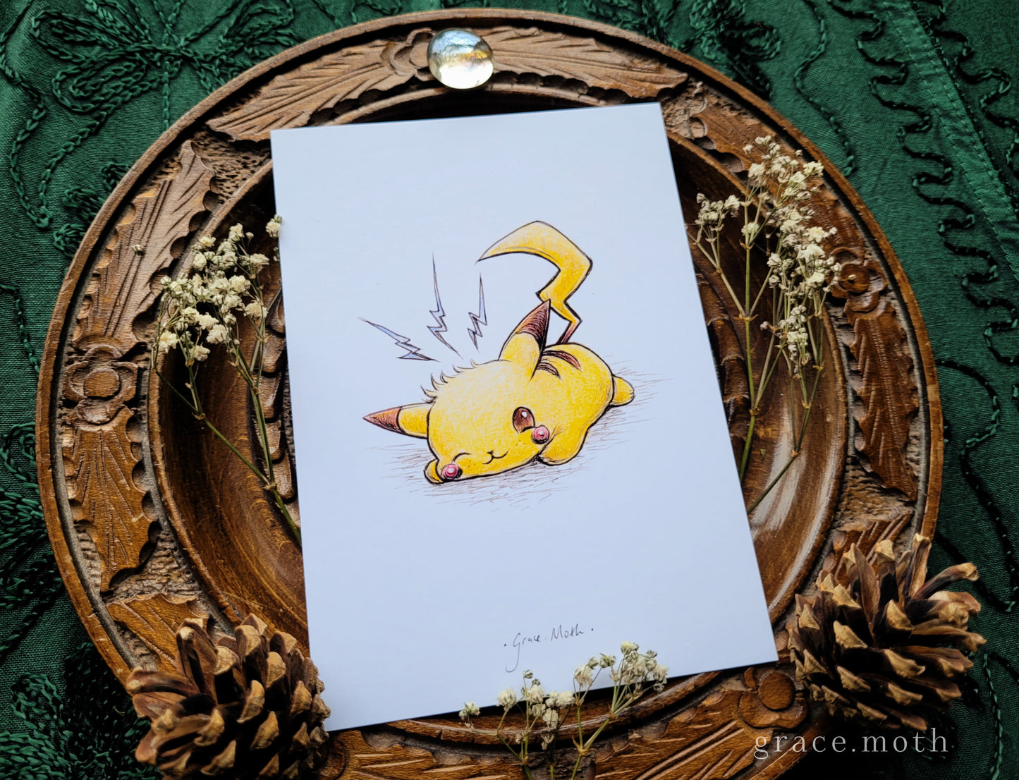 Sleepy Pikachu - Pokemon anime inspired - A6 illustrated print by Grace Moth - 5.8 x 4.1