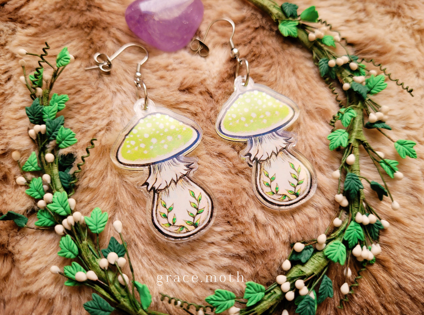 Green Toadstool illustrated earrings, recycled acrylic double sided, 304 Stainless Steel hooks, by Grace Moth