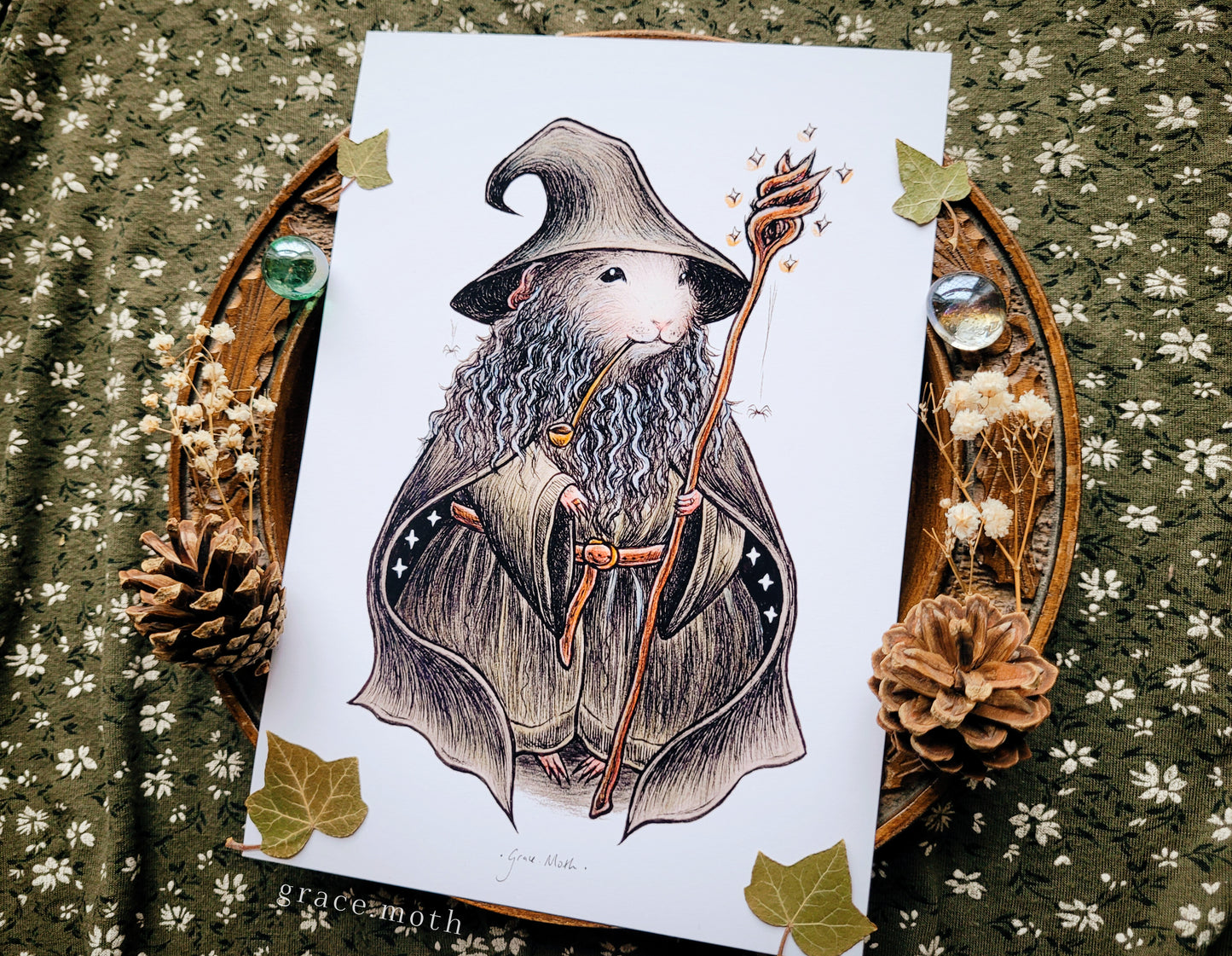 Gandalf Guinea Pig - colour - A5 or A4 art print illustrated by Grace Moth - Cottagecore - Witchy - Lord of the Rings inspired