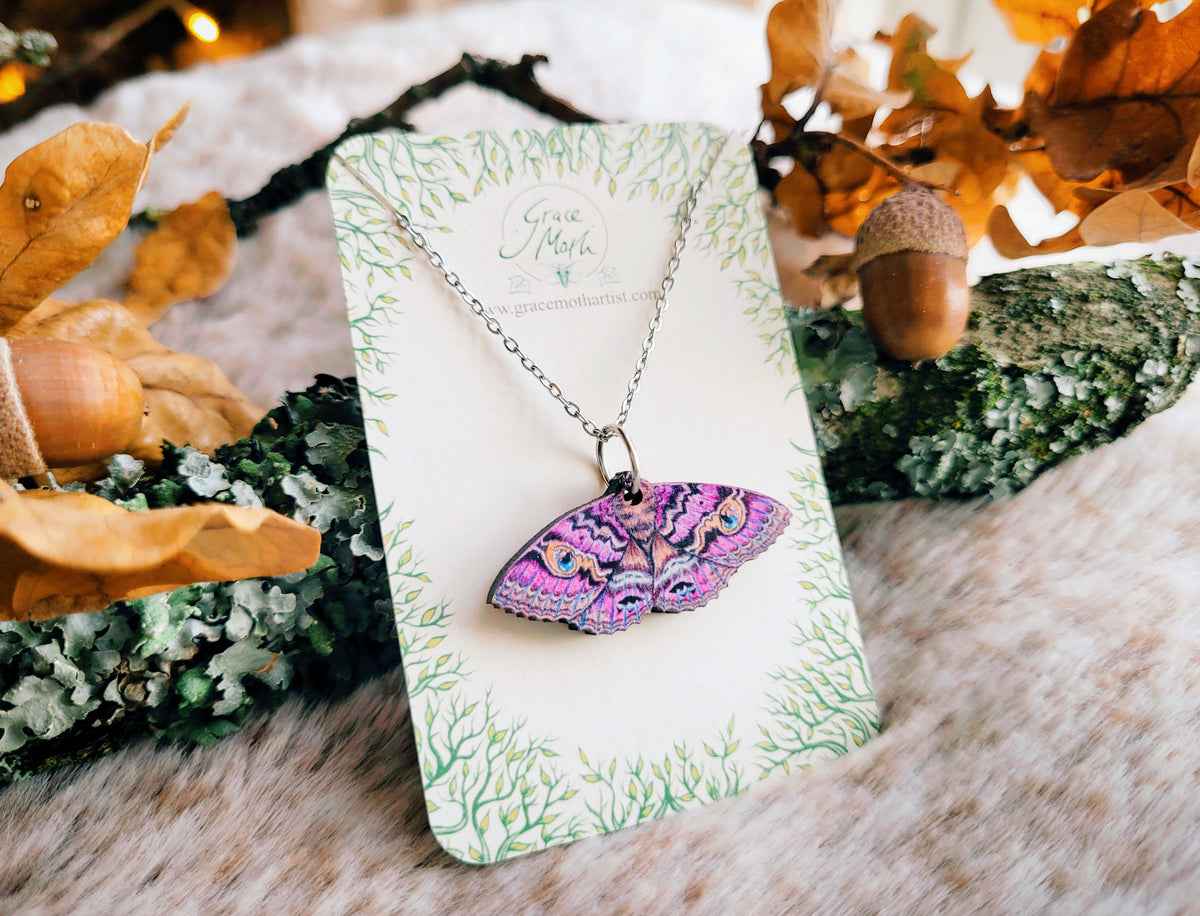 Granny Cloak Moth necklace, responsibly sourced cherry wood, purple watercolour entomology, by Grace Moth