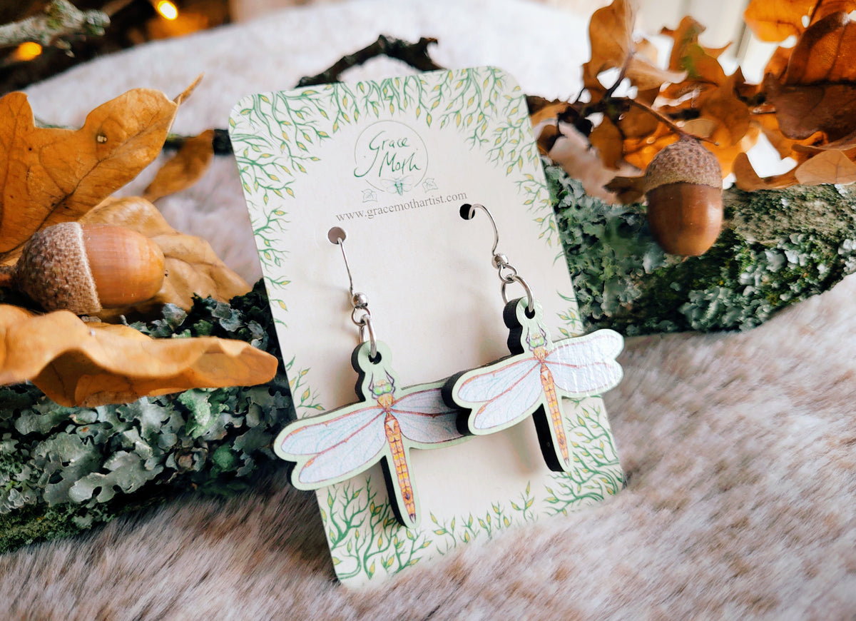 Dragonfly illustrated earrings, responsibly sourced cherry wood, watercolour, 304 Stainless Steel hooks, by Grace Moth