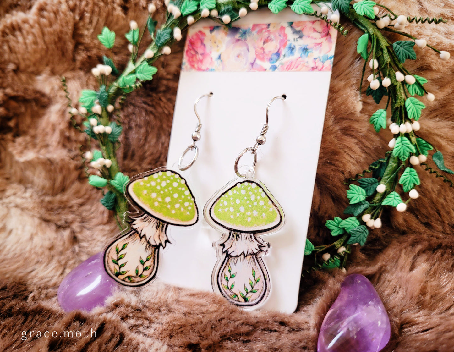 Green Toadstool illustrated earrings, recycled acrylic double sided, 304 Stainless Steel hooks, by Grace Moth