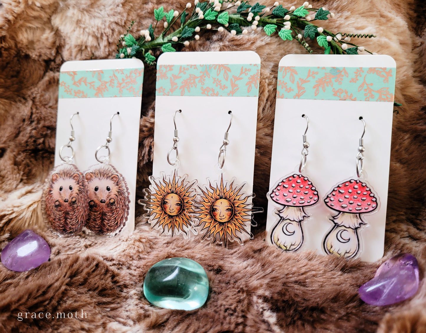 Green Toadstool illustrated earrings, recycled acrylic double sided, 304 Stainless Steel hooks, by Grace Moth