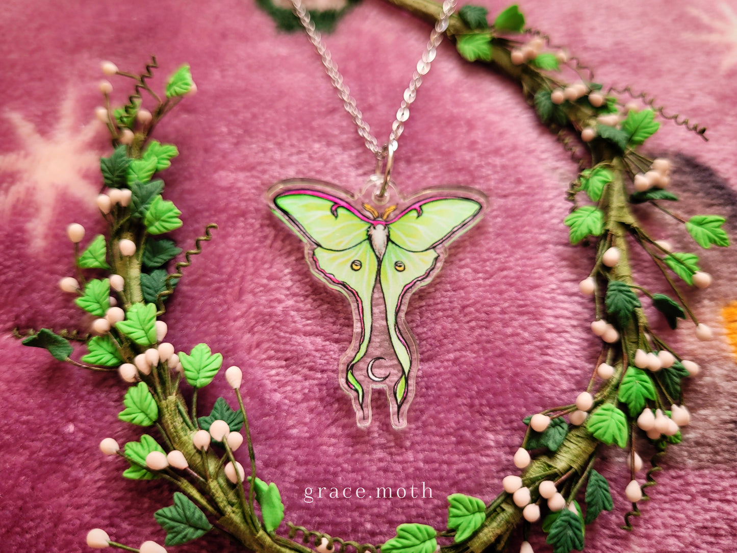 Luna Moth illustrated necklace, recycled acrylic, chain options available, by Grace Moth