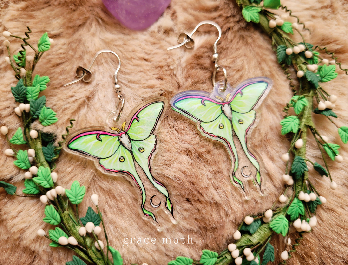 Luna Moth illustrated earrings, recycled acrylic double sided, 304 Stainless Steel hooks, by Grace Moth