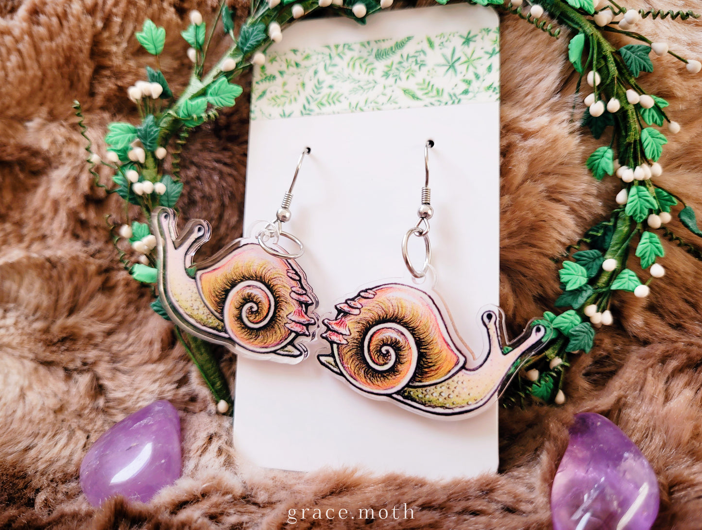 Cute Snail illustrated earrings, recycled acrylic double sided, 304 Stainless Steel hooks, by Grace Moth