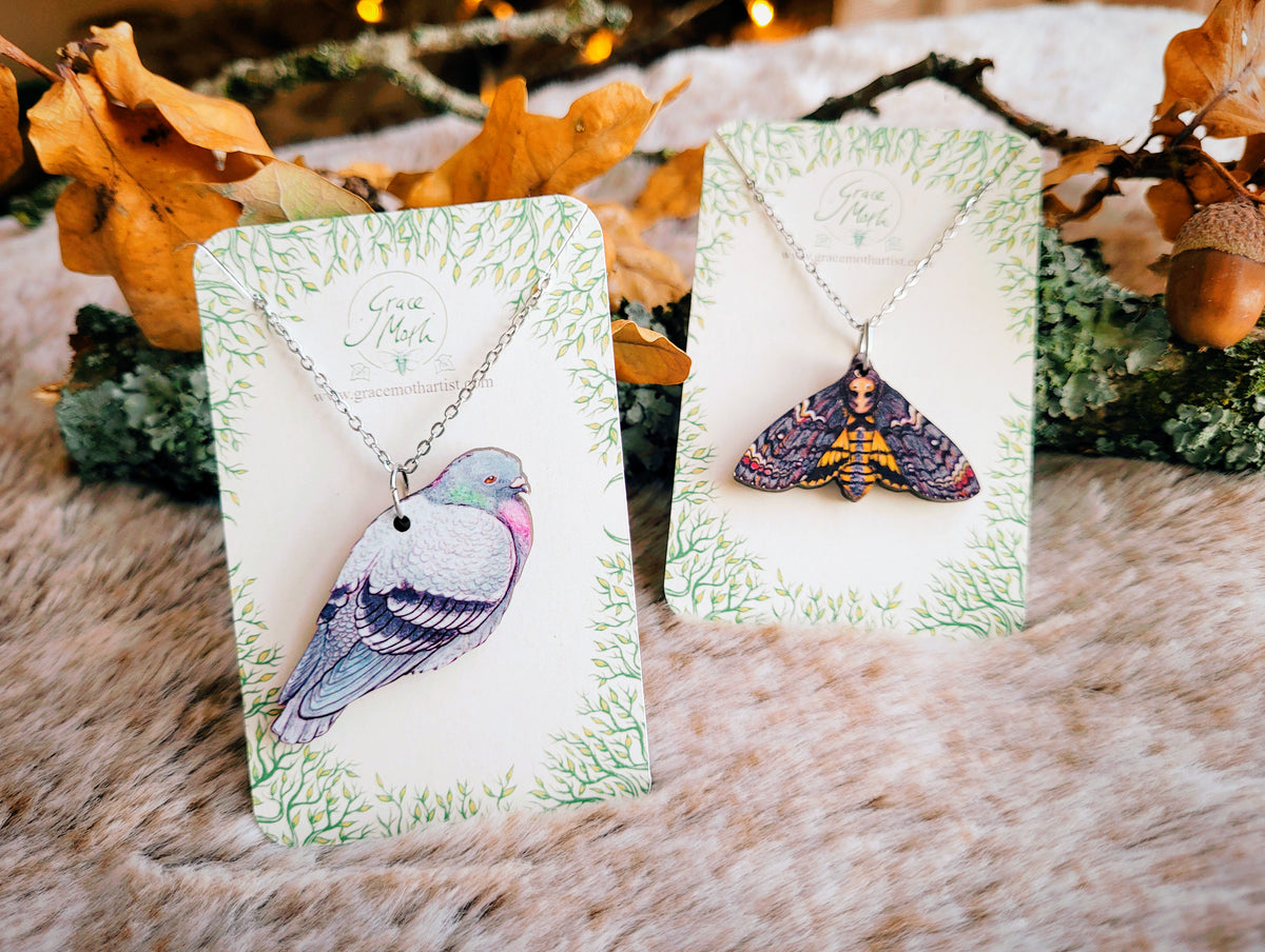 Deaths-Head hawkmoth illustrated necklace, responsibly sourced cherry wood, watercolour entomology, by Grace Moth