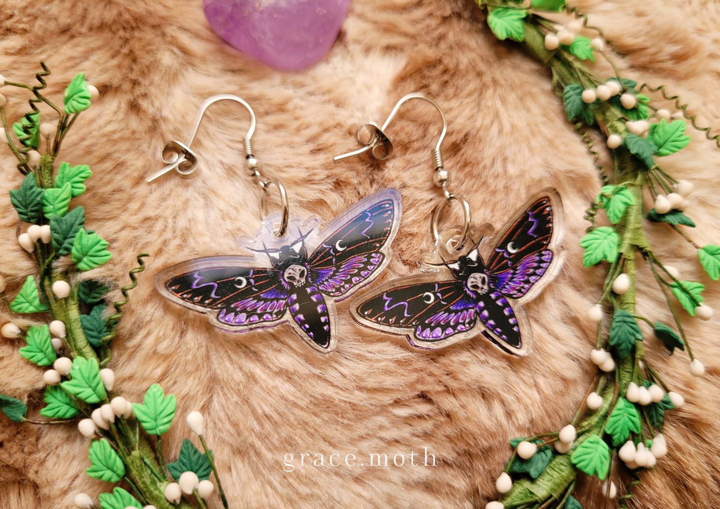 Purple Death Head Moth illustrated earrings, recycled acrylic double sided, 304 Stainless Steel hooks, by Grace Moth