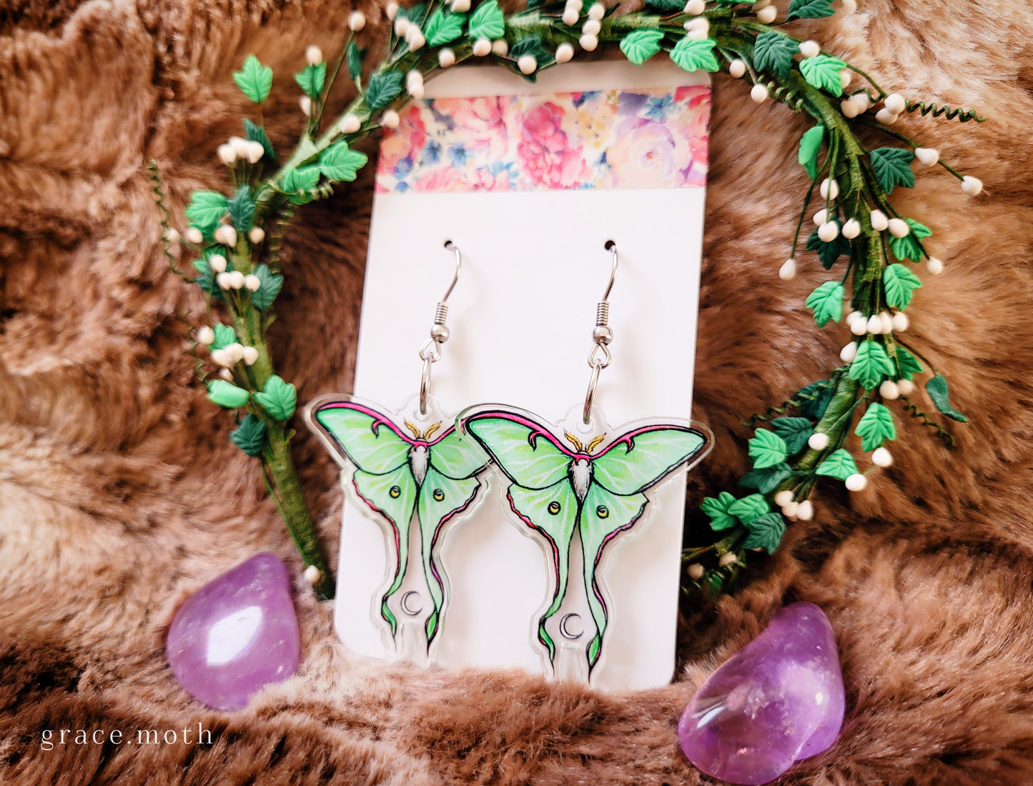 Luna Moth illustrated earrings, recycled acrylic double sided, 304 Stainless Steel hooks, by Grace Moth