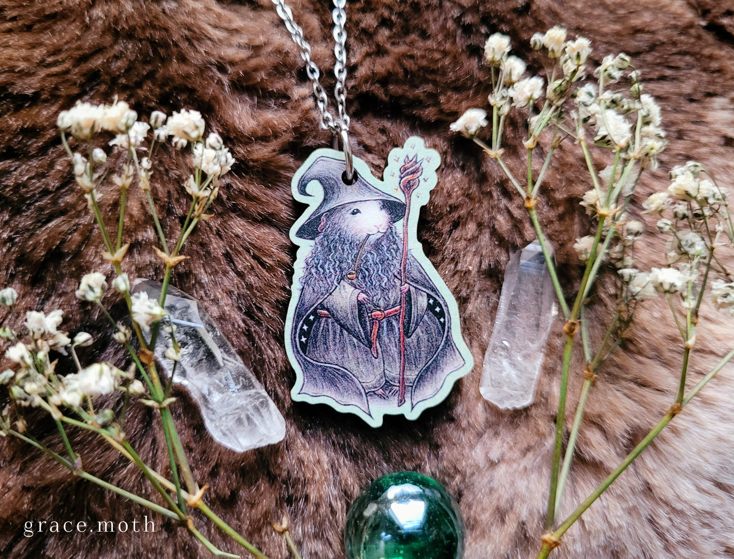 Gandalf Guinea Pig illustrated necklace, responsibly sourced cherry wood, lotr inspired, chain options available, by Grace Moth