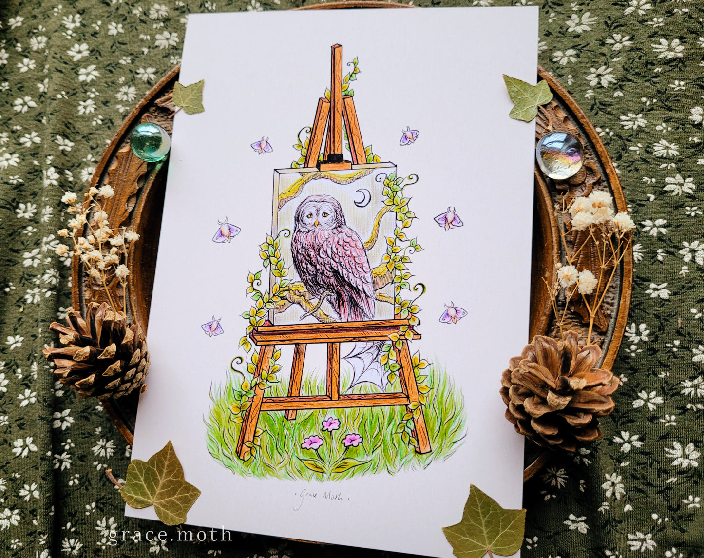 Art Easel with Owl painting - A5 art print by Grace Moth - 5.8 x 8.3