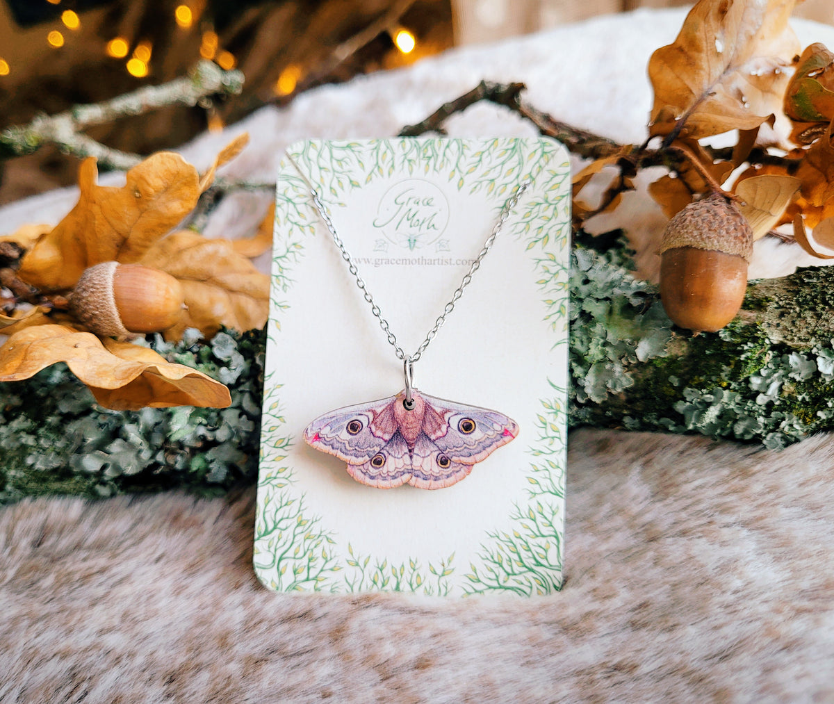 Emperor Moth necklace, responsibly sourced cherry wood, watercolour entomology, by Grace Moth