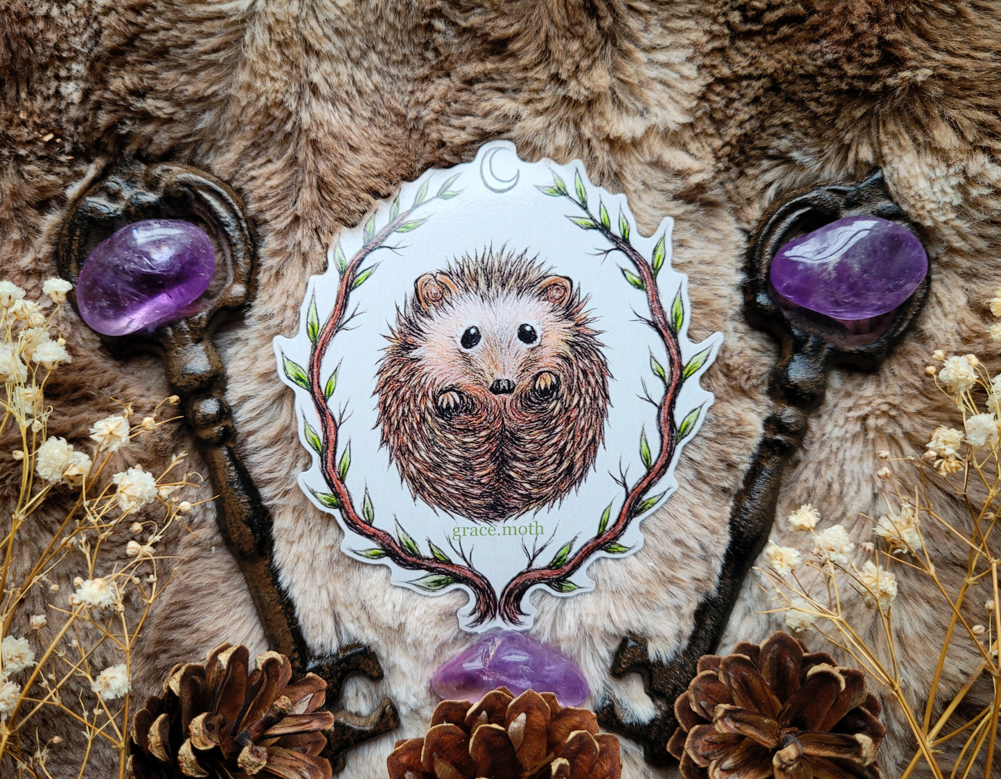 Cute Hedgehog - Vinyl Sticker 10cm - Witchy - cottagecore - Illustrated by Grace moth