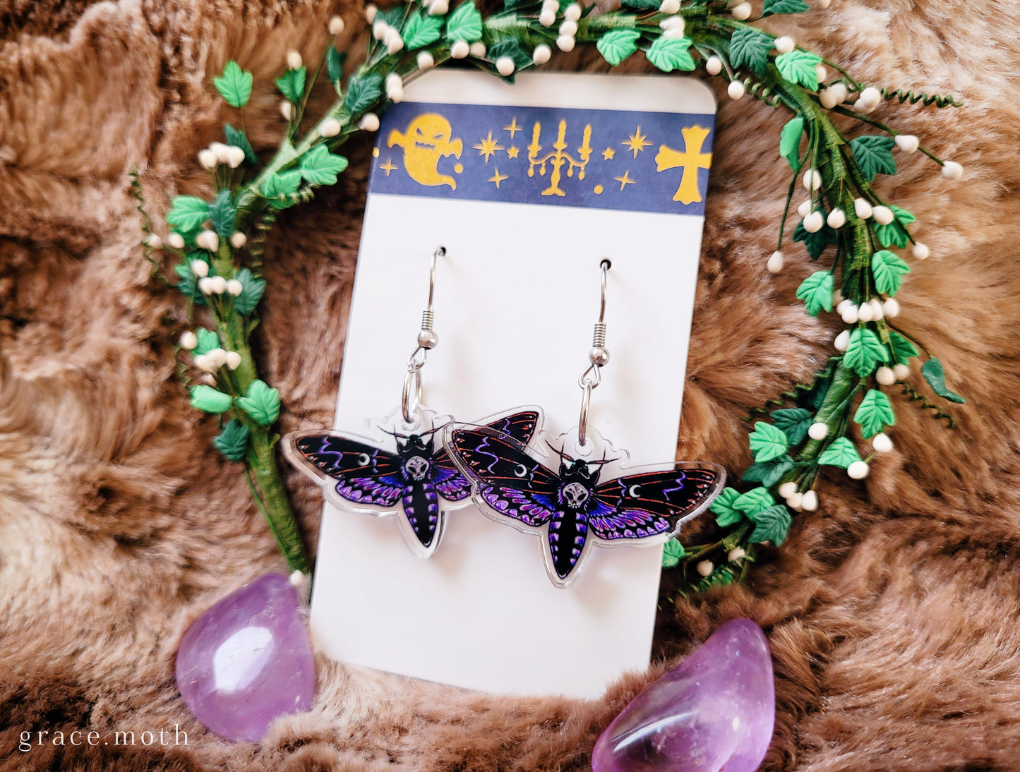 Purple Death Head Moth illustrated earrings, recycled acrylic double sided, 304 Stainless Steel hooks, by Grace Moth
