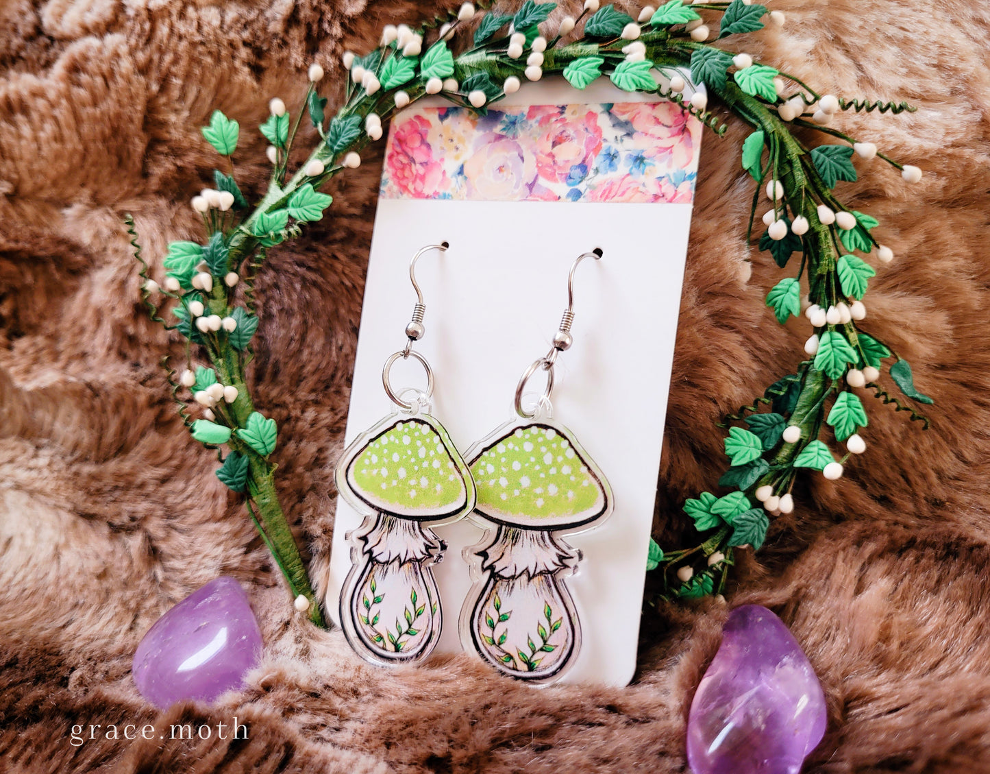 Green Toadstool illustrated earrings, recycled acrylic double sided, 304 Stainless Steel hooks, by Grace Moth