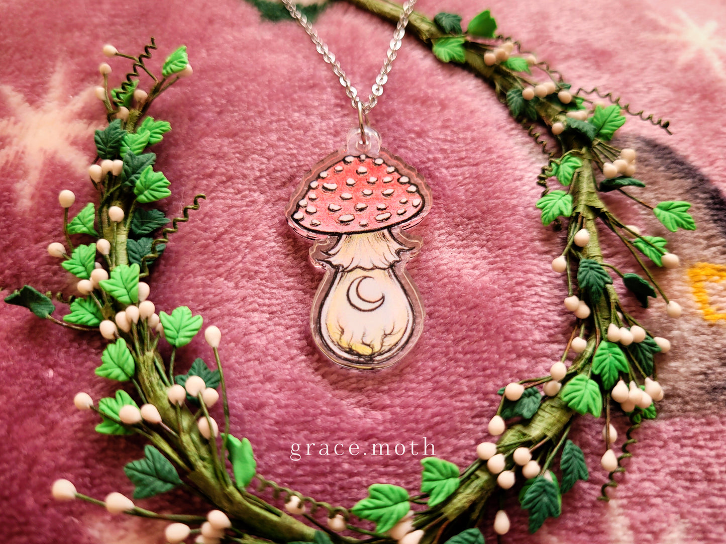 Red Toadstool illustrated necklace, recycled acrylic, chain options available, by Grace Moth