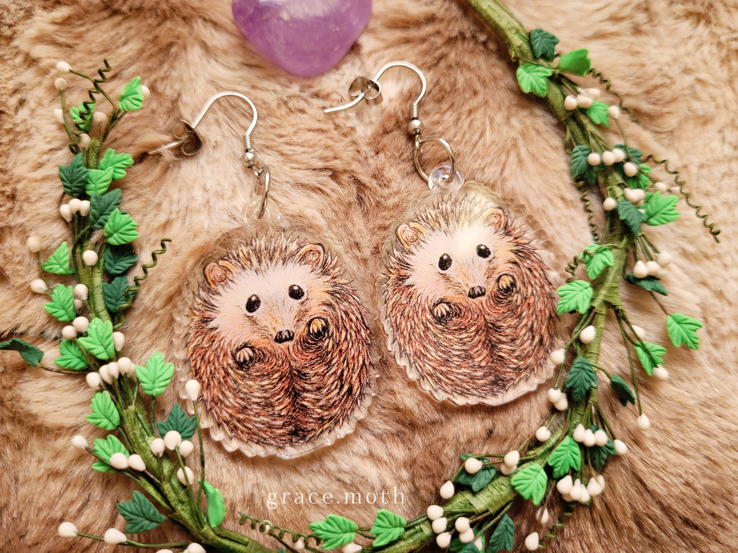 Cute Hedgehogs illustrated earrings, recycled acrylic double sided, 304 Stainless Steel hooks, by Grace Moth