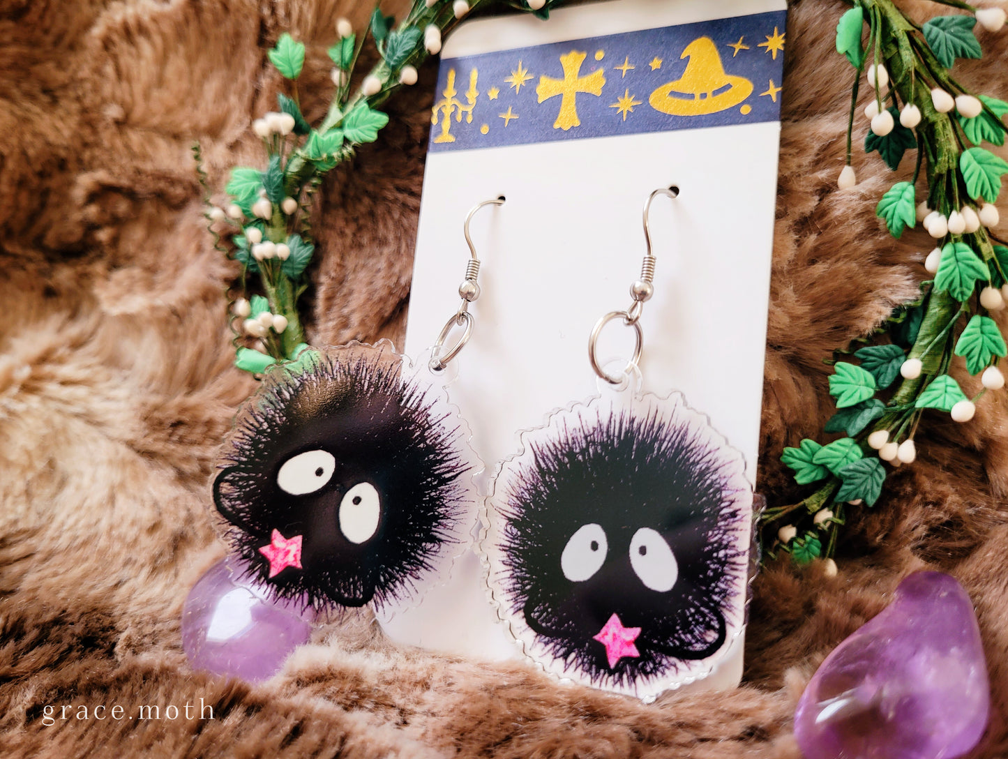 Soot Sprite illustrated earrings, recycled acrylic double sided, anime inspired, 304 Stainless Steel hooks, by Grace Moth