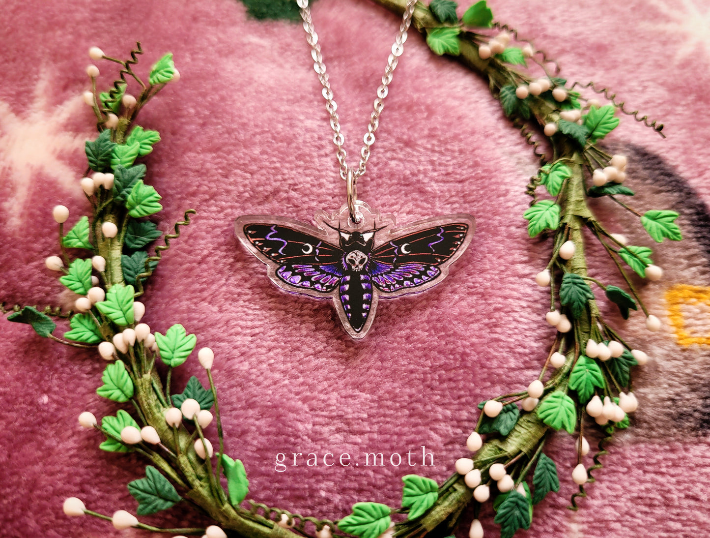 Purple Death Head Moth illustrated necklace, recycled acrylic, chain options available, by Grace Moth