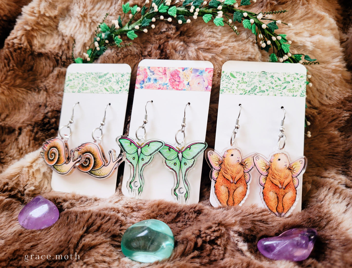 Luna Moth illustrated earrings, recycled acrylic double sided, 304 Stainless Steel hooks, by Grace Moth