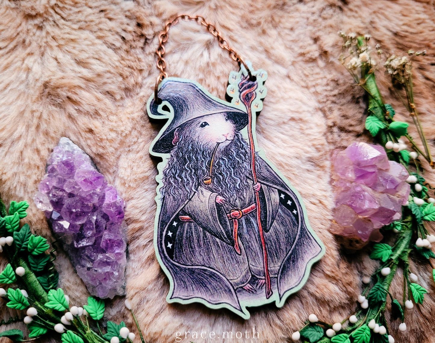 Gandalf Guinea Pig illustrated ornament, wall hanging, lotr wizard inspired, responsibly sourced cherry wood, by Grace Moth