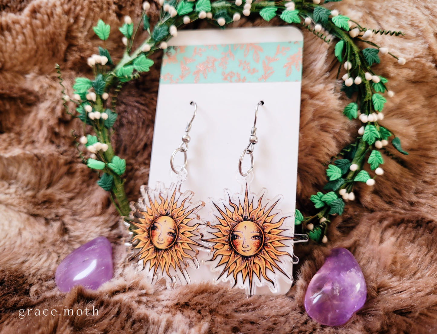 Sun Goddess illustrated earrings, recycled acrylic double sided, 304 Stainless Steel hooks, by Grace Moth