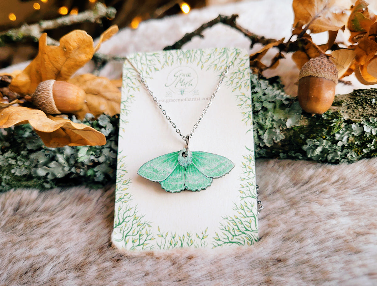 Emerald Moth necklace, responsibly sourced cherry wood, watercolour entomology, by Grace Moth