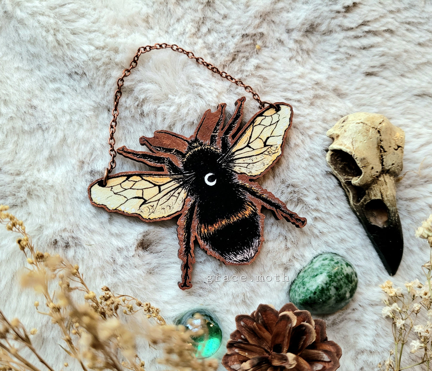Large Bumble Bee illustrated, ornament, wall hanging, 7.5cm responsibly sourced cherry wood, chain options available, by Grace Moth