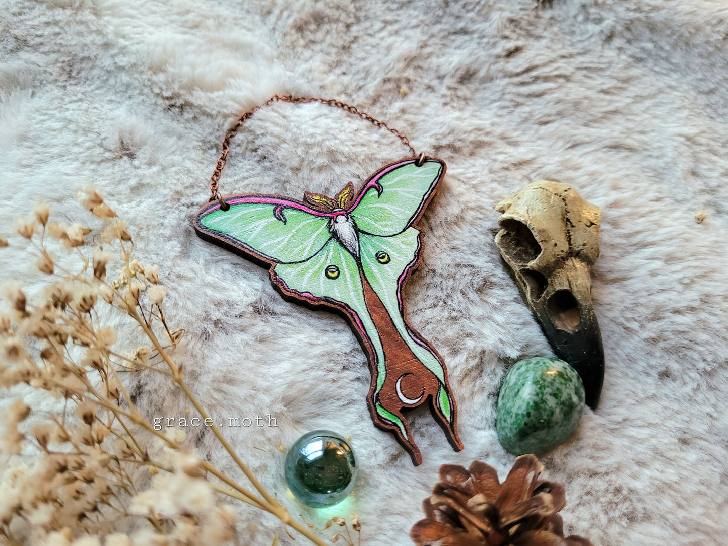 Large Luna Moth illustrated ornament, wall hanging, responsibly sourced cherry wood, by Grace Moth