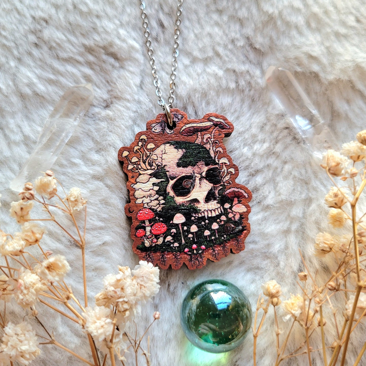 Here lies a Fungi illustrated necklace, responsibly sourced cherry wood, chain options available, by Grace Moth