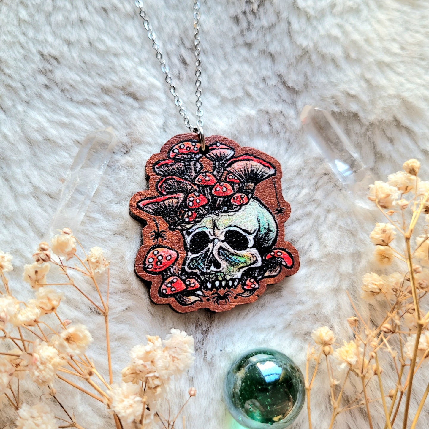 Mushroom Skull illustrated necklace, responsibly sourced cherry wood, chain options available, by Grace Moth