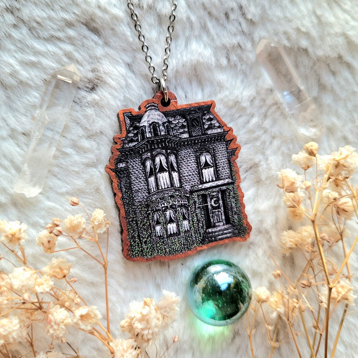 Haunted House illustrated necklace, responsibly sourced cherry wood, chain options available, by Grace Moth