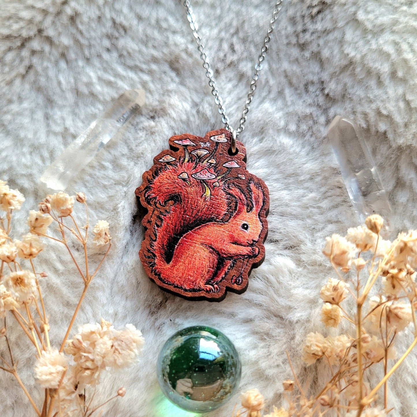 Red Squirrel illustrated necklace, responsibly sourced cherry wood, chain options available, by Grace Moth