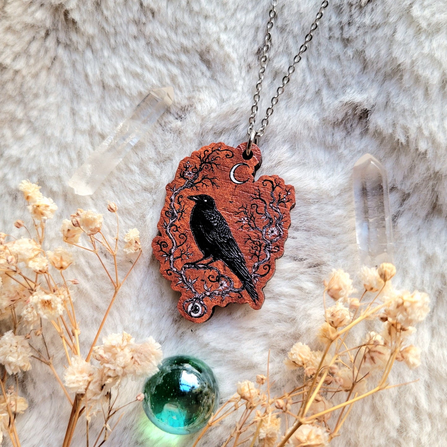Crow Guardian illustrated necklace, responsibly sourced cherry wood, chain options available, by Grace Moth