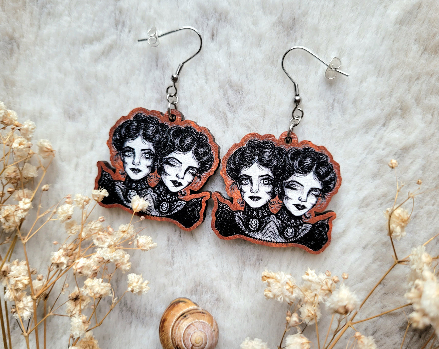 Conjoined Victorian Twins illustrated earrings, responsibly sourced cherry wood, 304 Stainless Steel hooks, by Grace Moth