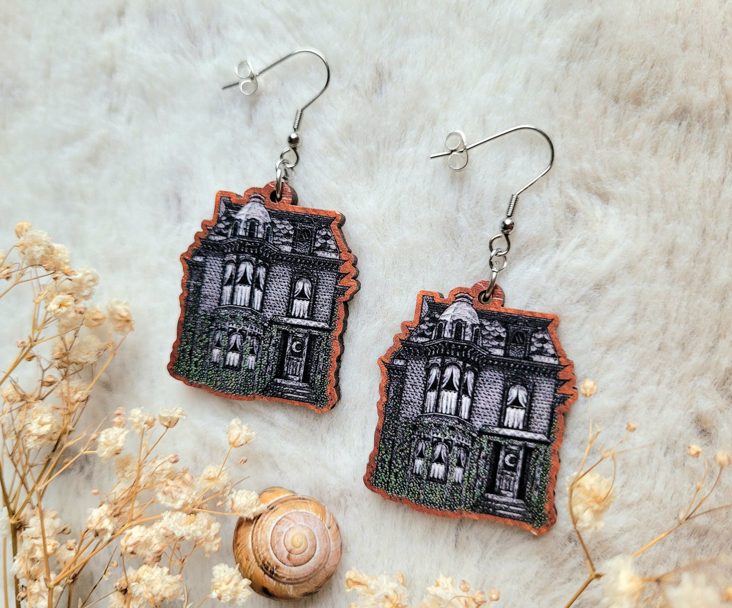 Haunted House illustrated earrings, responsibly sourced cherry wood, 304 Stainless Steel hooks, by Grace Moth