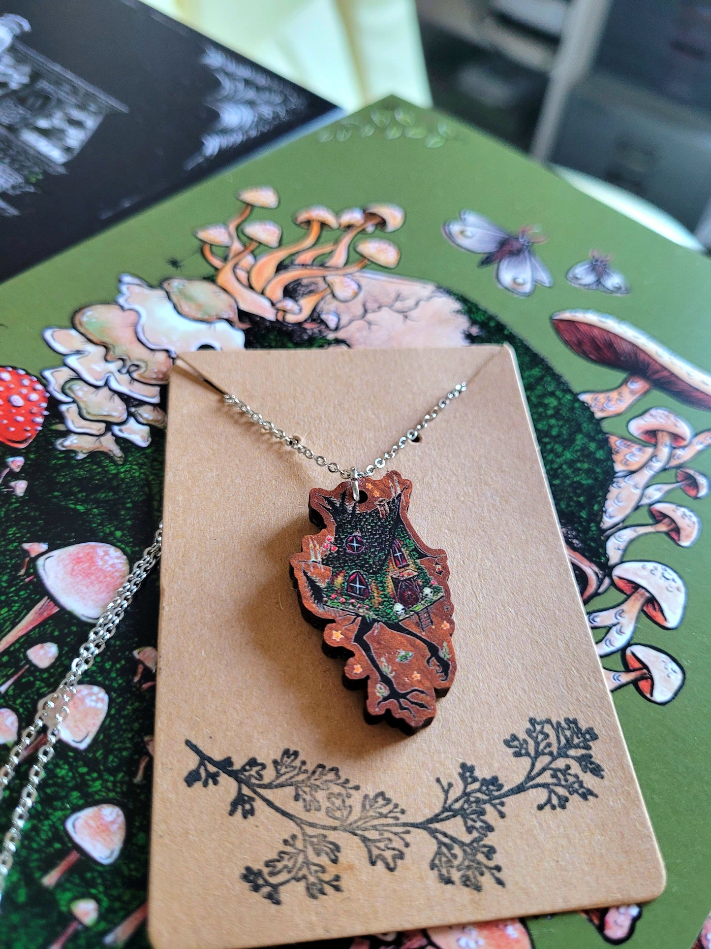 Baba Yaga witches hut Illustrated necklace, responsibly sourced cherry wood, chain options available, by Grace Moth
