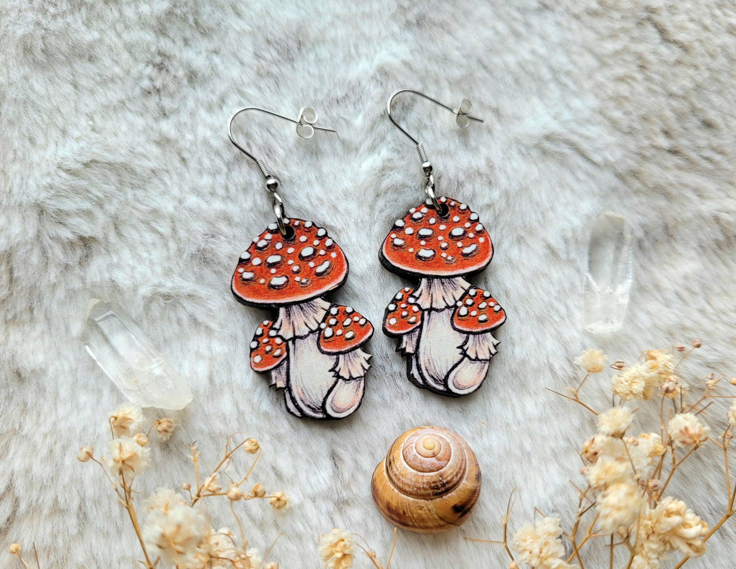 Rust Mushroom illustrated earrings, responsibly sourced cherry wood, 304 Stainless Steel hooks, by Grace Moth