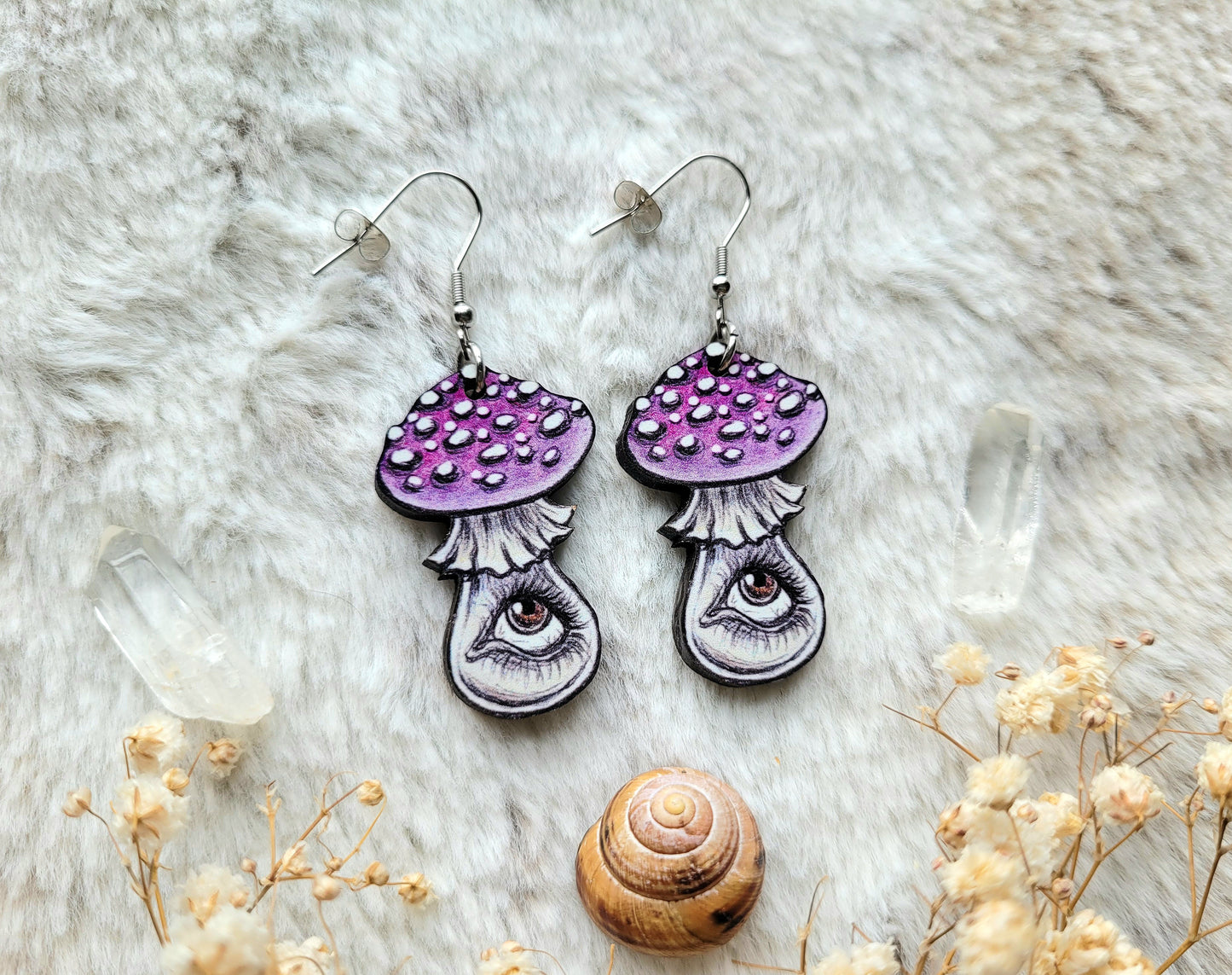 Purple Mushroom illustrated earrings, responsibly sourced cherry wood, 304 Stainless Steel hooks, by Grace Moth